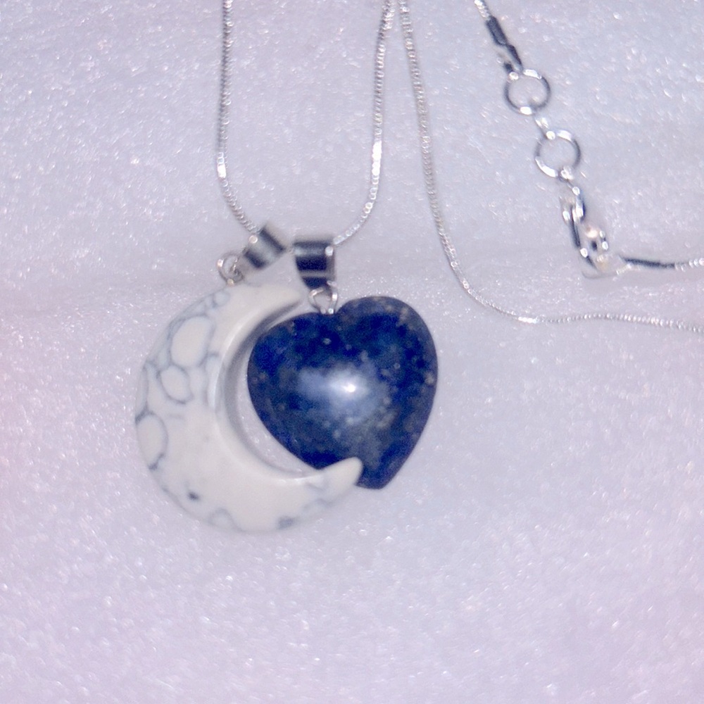 Boho hippie Blue Lapis Lazuli Heart ❤️ and Howlite Moon Sterling Silver Neckla…